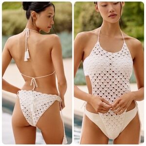 Mahila Anthropologie White Crochet Open Back Cover Up 100% Cotton Size Large NEW